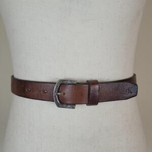 VTG Calvin Klein CK Belt Small Brown Italian Saddle Leather USA Logo 90s Classic